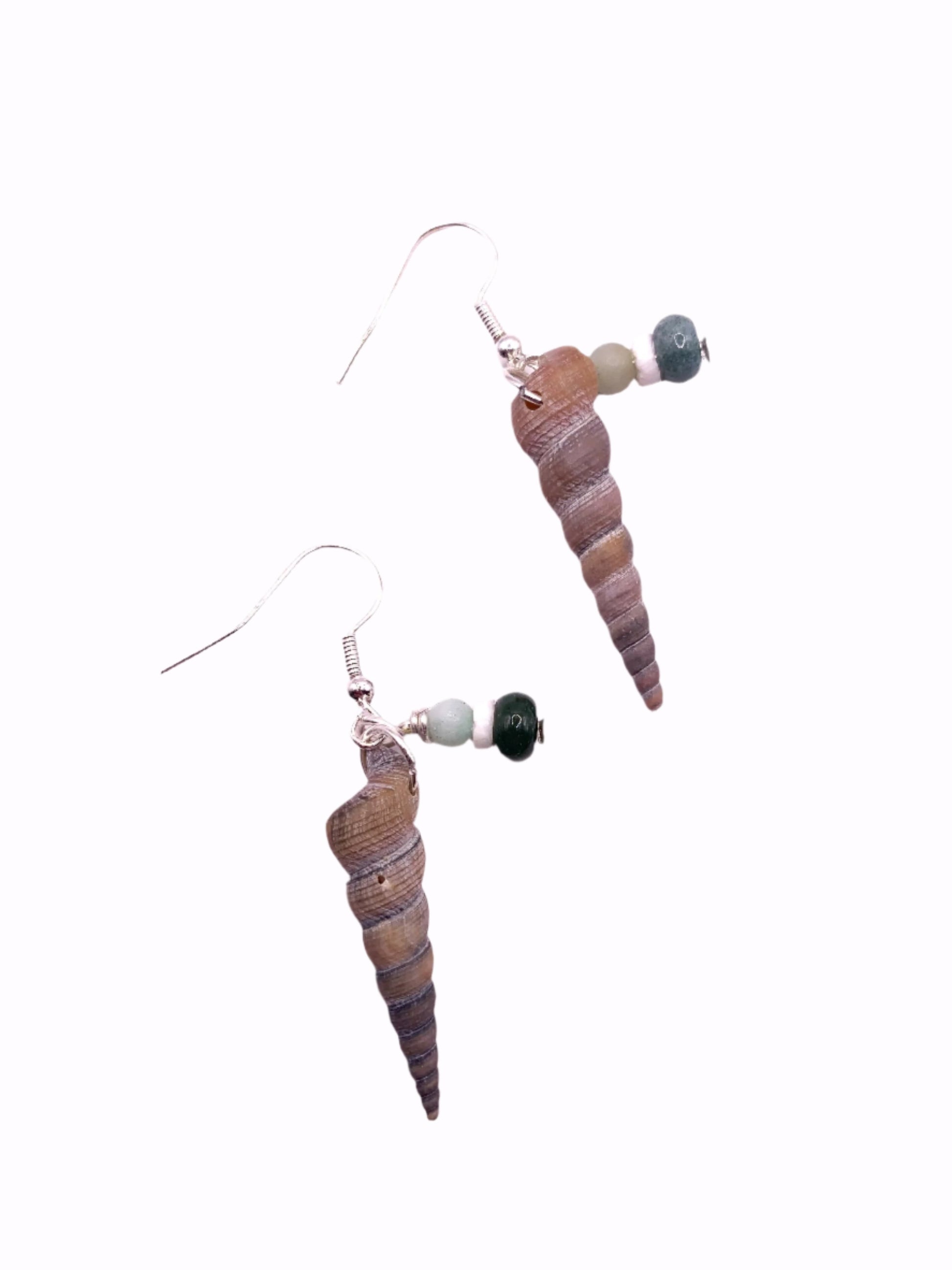 spiral seashell on silver hook earring with green stone